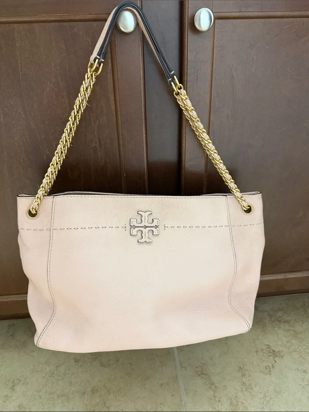 Tory Burch McGraw Blush Leather Chain-Handle Slouchy Shoulder Bag